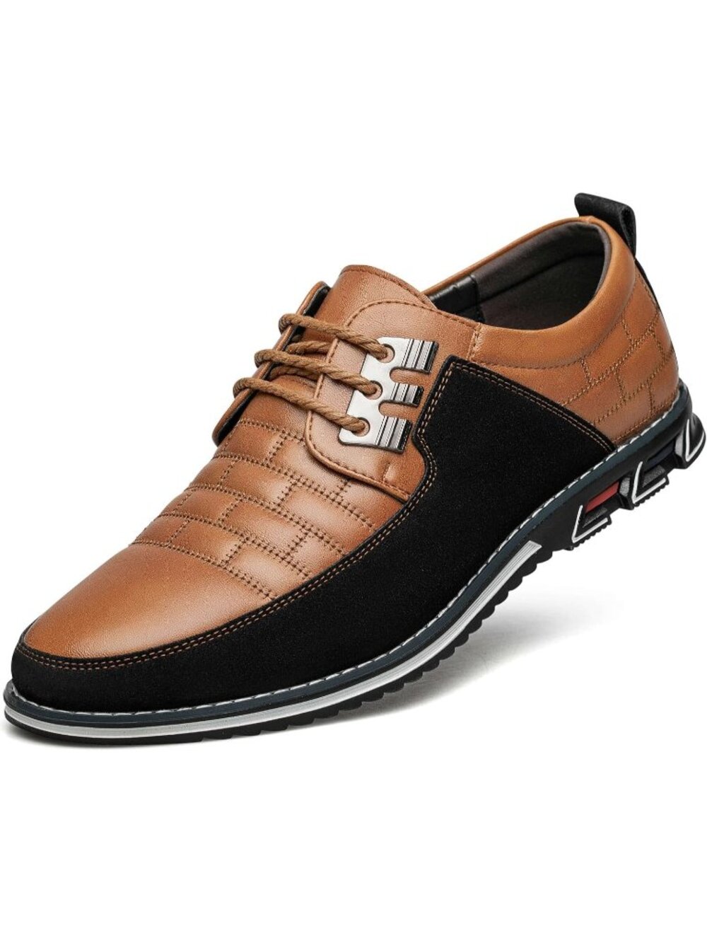 Men's Coffee Plaid Embossed Grid Leather Comfortable Hybrid Oxford Dress Sneaker